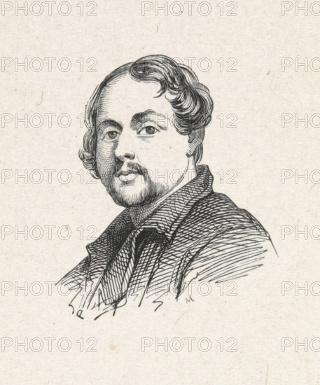 Portrait of Karel-Hendrik Geerts, print, after drawing by anonymous, 1840 - 1842, printmaker, paper, wood engraving, height 44 mm x width 37 mm, Person, Karel-Hendrik Geerts, historical persons, portrait, self-portrait of artist, self-portrait or painter, self-portrait or draughtsman, A black ink line drawing of a man shown from the shoulders up, facing slightly to the viewer's left, with wavy hair styled away from the forehead and sideburns that blend into a short beard and mustache; his eyes look forward with a neutral expression, and his clothing consists of a collared coat or jacket with visible textured crosshatching and layered fabric folds, all rendered on a light, textured paper background.