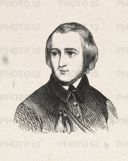 Portrait of Willem Geefs, print, after drawing by anonymous, 1840 - 1842, printmaker, paper, wood engraving, height 47 mm x width 44 mm, Person, Willem Geefs, historical persons, portrait, self-portrait of artist, self-portrait of painter, self-portrait or draftsman, A black and white line drawing of a young person shown from the chest up, facing slightly to one side with a neutral expression, straight hair parted and falling to just above the shoulders, detailed crosshatched shading on the hair and clothing, a high collared garment with visible buttons and decorative tassels, and a textured paper background.