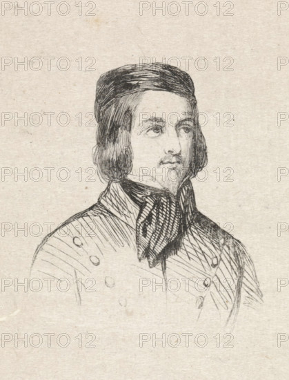 Portrait of Aloysius Geefs, print, after drawing by anonymous, 1841 - 1842, printmaker, paper, wood engraving, height 46 mm x width 40 mm, Person, Aloysius Geefs, historical persons, portrait, self-portrait of artist, self-portrait of painter, self-portrait of draughtsman, A black ink line drawing of a man shown from the chest up on a textured light paper background, wearing a rounded cap and medium-length hair that frames his face, with a small pointed beard and mustache; his eyes look slightly to one side and his expression is neutral, and he wears a high-collared coat with a patterned scarf or cravat at the neck and rows of buttons on the front and shoulder.