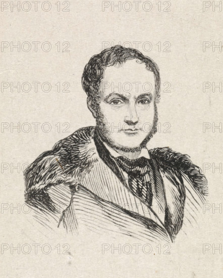 Portrait of Henri Van der Haert, print, after drawing by Henri Van der Haert (possibly), 1840 - 1842, printmaker, paper, wood engraving, height 49 mm x width 44 mm, Person, historical persons, portrait, self-portrait of artist, self-portrait of painter, self-portrait of draftsman, A black ink line drawing shows a man from the chest upward against a plain textured background. He has short wavy hair and sideburns framing a clean-shaven face with a composed expression and detailed eyes and brows. He wears a high-collared shirt with a dark cravat and an overcoat that has a fur-trimmed collar, the fur and fabric rendered with dense hatching and crosshatching strokes. The overall style is sketchlike with visible pen lines and shading on the clothing and face.