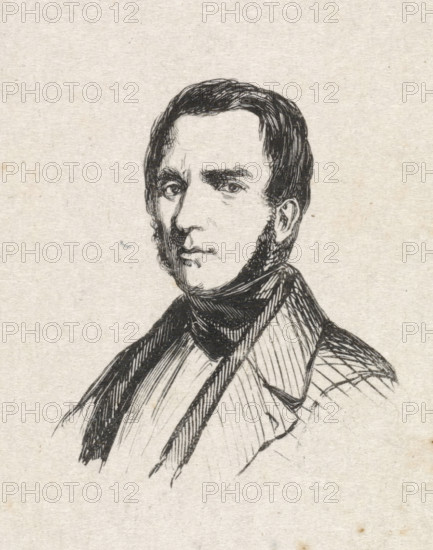 Portrait of George Gillis Haanen, print, after drawing by anonymous, 1840 - 1842, printmaker, paper, wood engraving, height 44 mm x width 38 mm, Person, George Gillis Haanen, historical persons, portrait, self-portrait of artist, self-portrait of painter, self-portrait of draughtsman, A black ink sketch of a man's head and upper torso on a textured light paper background, showing short dark hair, sideburns, a high forehead, arched eyebrows, and detailed eyes and nose, with a closed mouth and a slight shadowed chin, wearing a dark scarf or cravat and a collared coat with visible lapel and patterned shading lines.