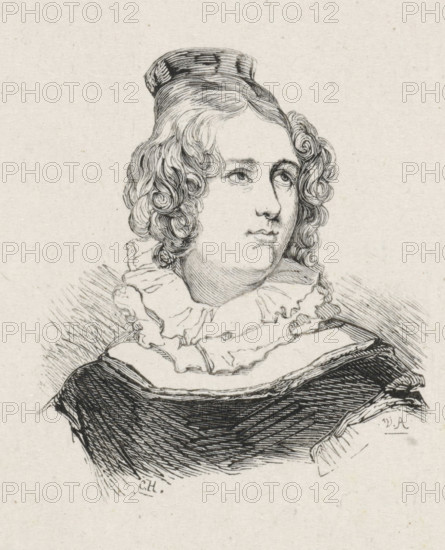 Portrait of Charlotte Hay, print, printmaker: Monogrammist CH, VA, after design by Coenraad Hamburger, 1842, paper, wood engraving, height 64 mm x width 56 mm, Person, Charlotte Hay, portrait, self-portrait of artist, self-portrait of painter, historical persons - BB - woman, self-portrait of draftsman, A detailed black and white line drawing of a person shown from the shoulders up, facing slightly to the viewer's right, with wavy hair styled into tight curls around the face and a small rounded cap on top; the face has softly rendered features with focused eyes, a straight nose, and closed lips; the clothing includes a high ruffled collar and a dark textured garment with crosshatched shading; the background is plain with faint paper texture.