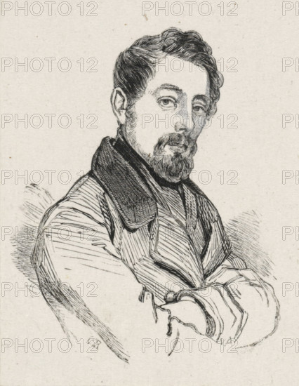 Portrait of Laurent Joseph Hart, print, printmaker: Monogrammist CR (19th century), after drawing by anonymous, 1840 - 1842, paper, wood engraving, height 68 mm x width 56 mm, Person, Laurent Joseph Hart, historical persons, portrait, self-portrait of artist, self-portrait of painter, self-portrait of draftsman, A black ink line drawing of a man shown from the chest up, facing slightly to the viewer's right, with short wavy hair and a full beard and mustache, wearing a dark high-collared coat over layered clothing, his arms crossed in front of him, rendered on a textured light background with visible pen strokes and fine hatching.