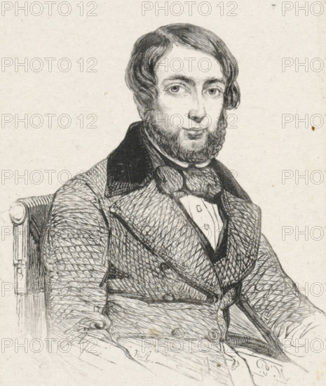 Portrait of Johan Coenraad Hamburger, print, printmaker: Monogrammist NP (Netherlands), after design by Nicolaas Pieneman, 1840 - 1842, paper, wood engraving, height 85 mm x width 72 mm, Person, Coenraad Hamburger, historical persons, portrait, self-portrait of artist, self-portrait of painter, self-portrait of draftsman, A black and white ink portrait of a seated man shown from the waist up wearing a patterned double-breasted coat with wide dark lapels, a high-collared shirt, and a large bow tie; he has neatly combed hair with a side part, a full beard and mustache, and a composed facial expression while resting one arm on the back of a carved wooden chair visible at the image edge.