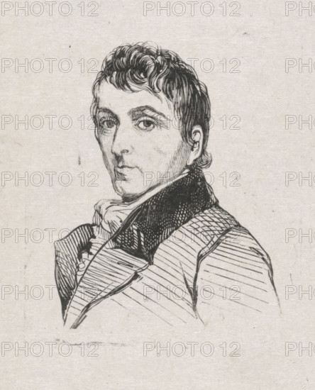 Portrait of Charles Howard Hodges, print, after drawing by anonymous, 1841 - 1842, printmaker, paper, wood engraving, height 46 mm x width 37 mm, Person, Charles Howard Hodges, historical persons, portrait, self-portrait of artist, self-portrait of painter, self-portrait or draftsman, A black and white ink drawing of a man shown from the chest up facing slightly to the viewer's left, with short wavy hair, arched eyebrows, and a steady gaze, wearing a high-collared coat and a cravat, the coat rendered with parallel hatching and textured shading, on a lightly textured, off-white paper background.