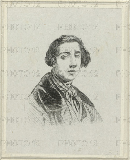 Portrait of Jacob Jacobs, print, printmaker: Jacob Jacobs, 1841 - 1842, paper, wood engraving, height 43 mm x width 38 mm, Person, historical persons, portrait, self-portrait of artist, self-portrait of painter, self-portrait of draftsman, A black ink portrait sketch of a person from the chest up on light textured paper framed by a double border, showing short wavy hair, arched eyebrows, and a neutral expression with slightly parted lips; the figure wears a high-collared garment with a patterned scarf or cravat and a dark outer coat rendered with closely spaced hatching, while the background remains plain and unadorned.