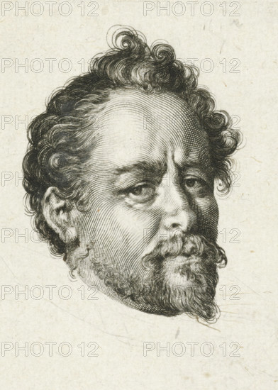 Portrait of Bartholomeus Spranger, print, Portrait of painter and printmaker Bartholomeus Spranger., printmaker: Jan Harmensz. Muller, Amsterdam, after painting by Hans von Aachen, 1597, paper, engraving, drypoint, engraving and drypoint, proof print, height 95 mm x width 70 mm, Person, Bartholomeus Spranger, portrait, self-portrait of artist, A detailed black and white engraved head of a man with curly hair and a full beard, showing a high forehead, furrowed brow, expressive eyes looking slightly to the side, a prominent nose, and tightly curled hair at the temples and crown, all rendered with fine parallel and cross-hatched lines on a lightly textured, aged paper background.