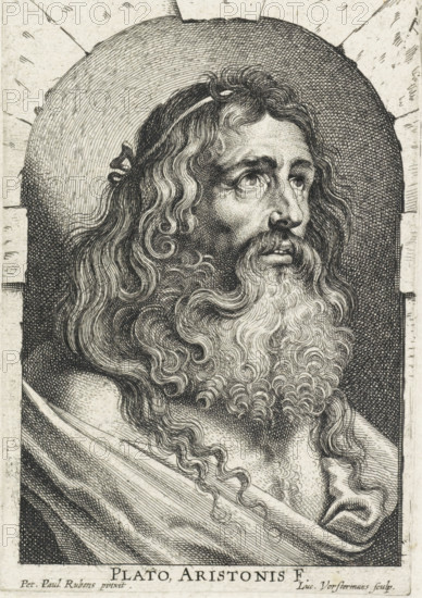 Bust of Plato in a niche, print, printmaker: Lucas Vorsterman (I), Antwerp, after painting by Peter Paul Rubens, 1619 - 1675, paper, etching, engraving, etching and engraving, height 136 mm x width 92 mm, male persons from classical history (PLATO), A detailed black and white engraved portrait of an older man shown from the chest up, facing slightly to the viewer's right, with long wavy hair and a full curly beard extending over his chest; his eyes gaze upward and his facial features are rendered with fine lines and crosshatching that show texture and shadow; he wears a draped garment across one shoulder and a simple headband, and a rounded arch frames his head with densely hatched shading behind it.