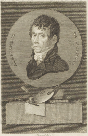 Portrait of writer and artist Alessandro da Morrona, print, book illustration, Portrait of writer and artist Alessandro da Morrona in a circle with his name. Below the portrait writing and painting attributes., printmaker: Giacomo Aliprandi, Italy, in or before 1812, paper, engraving, gravure, height 165 mm, width 118 mm, Print used for Da Morrona, Alessandro, Pisa illustrata nelle arti del disegno, Livorno: Presso Giovanni Marenigh 1812., Person, Alessandro da Morrona, portrait of a writer, A monochrome engraved portrait of a man shown from the shoulders up inside a large circular frame, with short curly hair and a high-collared coat over a cravat, his face turned slightly to one side with a neutral expression; the circular frame sits against a textured background of horizontal lines, and below it on a ledge are an artist’s palette with a brush resting across it, an inkwell with a quill, a folded sheet of paper draped over the ledge, and a stack of books.