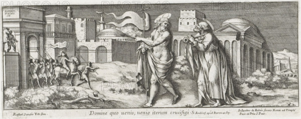 Christ Appears to Peter, Domine quo uenis, uenio iterum crucifigi, Representations by Raphael in the Vatican, print, Christ Appears to Peter After the Resurrection (Domine Quo Vadis). Christ holds a cross with a banner and Peter a large key. In the background soldiers and architecture. Title and reference to Bible text in the bottom margin., printmaker: Pietro Sante Bartoli, Italy, after design by Raphael, Vatican City, publisher: Giovanni Giacomo de' Rossi, Rome, grantor of privilege: Papal Court, 1645 - 1700, Pietro Sante Bartoli, Raphael, Giovanni Giacomo de' Rossi, Papal Court, grantor of privilege, paper, etching, engraving, etching and engraving, height 104 mm x width 266 mm, A wide black and white engraving shows a classical cityscape with arched buildings, towers, and domes stretching across the background. In the foreground two robed male figures stand on a slightly rocky ground; one is partially draped, holding a long staff and a pole bearing a flowing banner, the other wears...