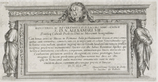 Title print with two male caryatids, History of Emperor Constantine, print, title print, Title print with two male caryatids supporting a cornice. Center above a coat of arms with a lion. In the center a text box with text in Latin., number: '12f607080', printmaker: Pietro Sante Bartoli, Italy, after design by Giulio Romano, publisher: Giovanni Giacomo de' Rossi, Rome, dedicated to: Alexander VII, 1645 - 1700, Pietro Sante Bartoli, Giulio Romano, Giovanni Giacomo de' Rossi, Alexander VII, paper, etching, engraving, etching and engraving, height 133 mm x width 258 mm, Person, Constantine the Great (Emperor of the Roman Empire), beasts of prey, predatory animals: lion, caryatids, architecture, A rectangular stone plaque set within an ornate architectural frame flanked by two robed statues standing on pedestals, each statue draped in flowing garments with one arm crossed over the body and the other resting by the side, both figures shown in profile facing inward; the frame features carved...