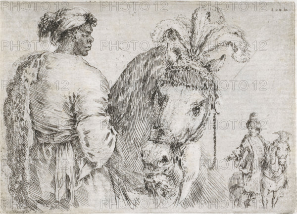 African man with a turban leads a horse, in the background a man on horseback, Dark man with a turban leads a horse, print, printmaker: Stefano della Bella, 1620 - 1664, paper, etching, intaglio printmaking technique, etching with plate tone, height 82 mm x width 115 mm, head-gear: turban, horse, riding a horse, ass, or mule, rider, horseman, Africans, persons of African origin, A detailed black and white line drawing shows a large horse in the center viewed from the front and slightly turned, with a textured mane and ornamental plumes rising above its head and a visible bridle and chain. To the left a person stands with their back mostly toward the viewer, wearing a loose robe and a headwrap or turban, the figure rendered with fine hatch lines and textured shading. To the right a smaller figure on horseback is visible, also wearing loose clothing and a head covering, with the horse shown in profile. The background is plain and the overall image is composed of delicate, linear etching ...