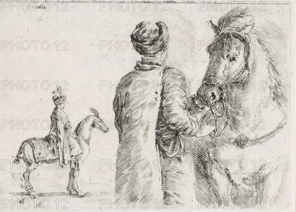 Polish servant holds horse by the reins, in the background a man on horseback, print, printmaker: Stefano della Bella, 1620 - 1664, paper, etching, intaglio printmaking technique, etching with plate tone, height 80 mm x width 114 mm, horse, riding a horse, ass, or mule, rider, horseman, Europeans, A pen-and-ink drawing showing a person seen from behind wearing a wrapped head covering and a long coat, facing a large horse whose head fills the right side of the image and whose bridle and reins are rendered in fine lines; the person appears to hold the horse's reins near its bit. To the left a smaller horse with a rider wearing a tall decorative headpiece is drawn in profile. The background is mostly blank paper with light sketch marks and faint shading around the central figures, and the entire composition is made up of delicate crosshatching and linear ink strokes.