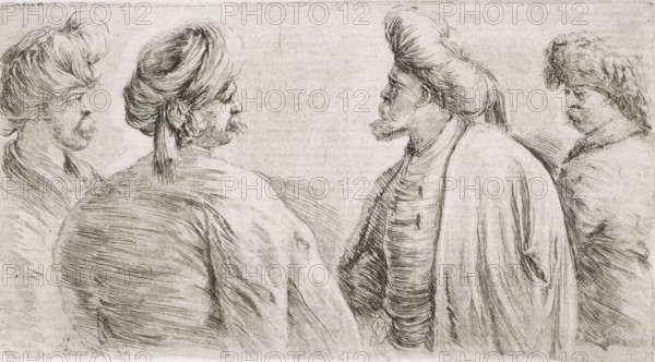 Four Turkish men with moustaches and turbans, print, printmaker: Stefano della Bella, 1620 - 1664, paper, etching, intaglio printmaking technique, etching with plate tone, height 77 mm x width 144 mm, head-gear: turban, Asiatic races and peoples: Turks, old man, moustache, A monochrome sketch showing four men in profile and three-quarter views, each wearing head coverings and loose outer garments; the two central figures face each other with visible facial hair and wrapped turbans, the figure on the far left is shown in partial profile with a high, rounded turban and a mustache, and the figure on the far right wears a textured, fur-like cap and a cloak. The drawing is rendered with fine, hatched lines and shading that define folds in the cloth, hair texture, and facial features, set against a plain, lightly textured background.