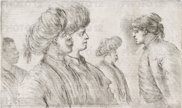 Four Turkish men with turbans and an African man in profile, Four Turkish men with turbans and a dark man in profile (former title), print, printmaker: Stefano della Bella, 1620 - 1664, paper, etching, intaglio printmaking technique, etching with plate tone, height 83 mm x width 130 mm, head-gear: turban, Africans, Asiatic races and peoples: Turks, persons of African origin, A horizontal ink drawing shows several profile figures facing right with detailed hair and headwear; in the foreground two large male profiles wear tall rounded turbans and loose draped clothing, one with a mustache and the other clean-shaven, and behind them a smaller bearded man also in a rounded turban. To the far right a younger-looking profile with tied-back hair and a plain garment faces the group, while a darker-skinned profile with short hair appears at the left edge. The composition is rendered with fine hatch and contour lines on a lightly textured background, and areas of cross-hatching suggest shadowing...