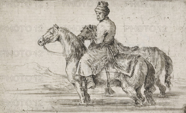 Polish servant bathing two horses, print, printmaker: Stefano della Bella, 1620 - 1664, paper, etching, intaglio printmaking technique, etching with plate tone, height 77 mm x width 122 mm, horse, washing and bathing, servant - AA - chambermaid, A monochrome line drawing showing a person seated on a horse, wearing a wrapped head covering and layered clothing with a sash at the waist, holding the reins of a second horse positioned beside and slightly behind the mounted animal; both horses are depicted with detailed manes, bridles, and tails, and the scene includes a lightly sketched ground and distant, faint outlines suggesting terrain against a textured, lightly speckled background.