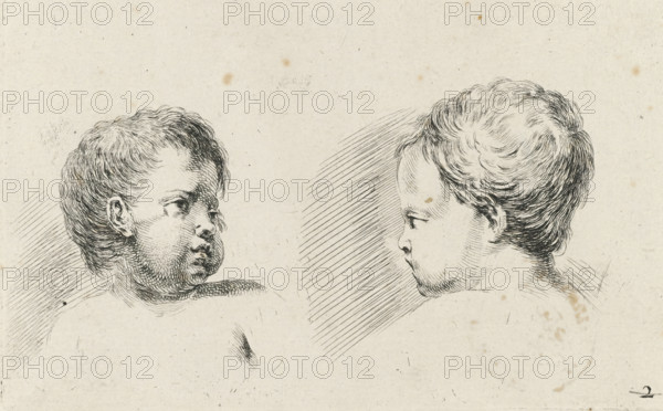 Two heads of children, one seen from the back, Drawing examples for portraits, Collection of various pieces serving the art of portraiture, print, Series number, 2, 38, printmaker: Stefano della Bella, France, publisher: François Langlois, Paris, grantor of privilege: French Crown, 1620 - 1647, paper, etching, height 86 mm x width 136 mm, A drawing of two child heads in profile facing each other, rendered in fine ink lines on a textured, aged paper background; both heads show curly hair with detailed strokes, rounded cheeks, and subtle shading on the necks and faces, while the left figure appears fuller in the jaw and has short curls over the forehead, and the right figure displays smoother contours with diagonal hatching behind it and lighter facial shading.