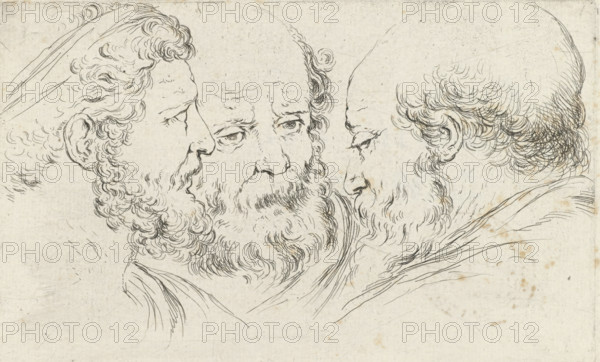 Three heads of philosophers, Collection of various pieces serving the art of portraiture, Drawing examples for portraits, print, printmaker: Stefano della Bella, France, publisher: François Langlois, Paris, grantor of privilege: French Crown, 1620 - 1647, paper, etching, height 85 mm x width 138 mm, A monochrome line drawing of three bearded male heads in close proximity, the central face shown frontally with a full curly beard and downward gaze, the left face in profile facing inward with tightly curled hair and a beard, and the right face in three-quarter view with a receding hairline and thinner beard; all heads are rendered with fine flowing contour lines and cross-hatching, set against a lightly textured pale background with small subtle stains.