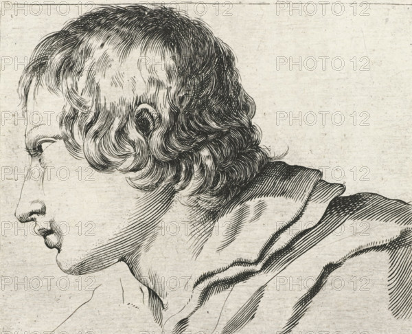 Head of a young man, turned to the left, Collection of various pieces serving the art of portraiture, Portrait drawing examples, print, printmaker: Stefano della Bella, France, publisher: François Langlois, Paris, grantor of privilege: French Crown, 1620 - 1647, paper, etching, height 107 mm x width 133 mm, A close-up black and white engraved profile of a person's head and upper shoulder showing wavy hair rendered with fine curved lines, a visible ear, a forehead, eye, nose, lips, chin, neck, and draped fabric over the shoulder, all depicted with hatched shading on a textured light background.