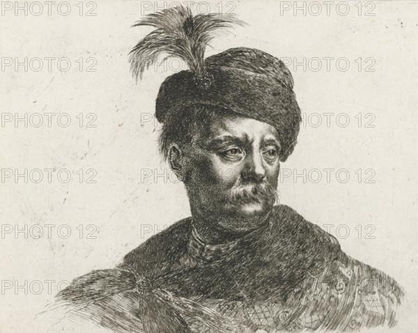 Bust of a Polish man with moustache and feathered cap, The principles of drawing, I principii del disegno, print, Series number, 21, 25, printmaker: Stefano della Bella, France, publisher: Pierre Mariette (II), Paris, grantor of privilege: French crown, 1620 - 1664, paper, etching, height 118 mm x width 152 mm, old man, Europeans, moustache, head-gear: hat (feathers used for clothes), A black and white etched portrait of a man shown from the shoulders up wearing a rounded fur hat topped with a tall plume of feathers, a thick mustache and short beard, detailed facial features with visible eyes looking slightly to the side, textured clothing with a fur-lined cloak draped over one shoulder fastened by a decorative clasp, and a plain textured background.