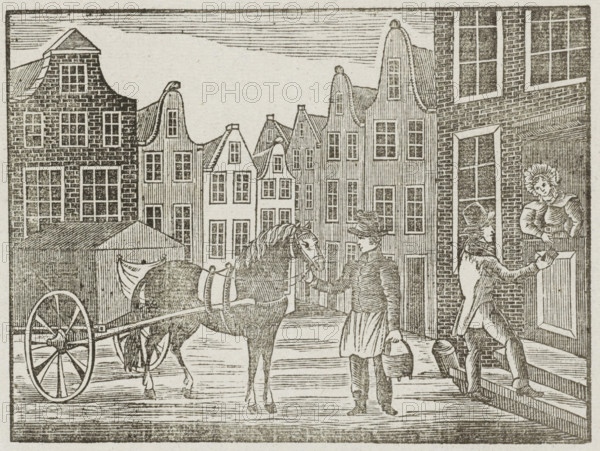 New Year's greeting from the Amsterdam ash cart men for the year 1844, Ash Cart New Year's Greeting, 1844, print, New Year's greeting, New Year's greeting on behalf of the ash cart men (cart man or garbage collector) in Amsterdam for the year 1844. View of a street in Amsterdam with a man standing with an ash bucket by the cart while another man collects money door-to-door. At the bottom, a poem in two columns. On behalf of JD Farjon, the ash cart man of district no. 19., printmaker, printer (person), Amsterdam, Netherlands, paper, letterpress printing, woodcut, text in letterpress with image in woodcut, height 338 mm x width 205 mm, garbage collection, public road - II - ideal city, Period, A street scene in a monochrome engraving showing tall narrow buildings with stepped and curved gables and many multi-paned windows lining the background, a horse harnessed to a covered cart with large spoked wheel standing on the street, a person in period clothing holding the horse’s bridle and ca...