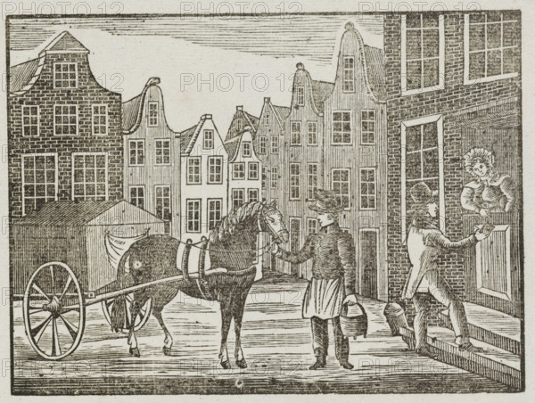 Asch-Karmans Kermis-Wensch, 1843, Fair print of the Amsterdam ash cart men for the year 1843, print, fair print, Fair print on behalf of the ash cart men (cart man or garbage collector) in Amsterdam for the year 1843. View of a street in Amsterdam with a man standing with an ash bucket by the cart while another man collects money door-to-door. At the bottom, a poem in two columns. On behalf of JD Farjon, the ash cart man of district no. 19., printmaker, printer (person), Amsterdam, paper, letterpress printing, woodcut, text in letterpress with image in woodcut, height 341 mm x width 210 mm, garbage collection, public road - II - ideal city, Period, A black and white illustration of a street scene with tall narrow buildings featuring stepped and curved gables lining the background, a horse harnessed to a covered cart with large spoked wheels standing in the foreground, a person holding the horse's reins and carrying pails, another person wearing a tall hat reaching toward a woman leanin...