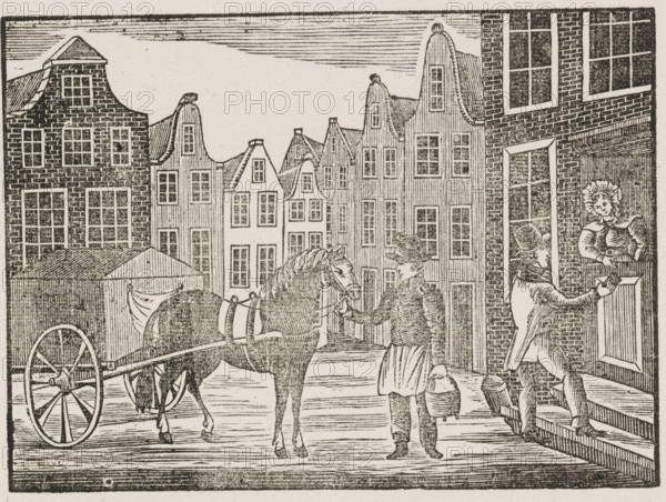 Asch-Karmans Kermis-Wensch, 1844, Fair print of the Amsterdam ash cart men for the year 1844, print, fair print, Fair print on behalf of the ash cart men (cart man or garbage collector) in Amsterdam for the year 1844. View of a street in Amsterdam with a man standing with an ash bucket by the cart while another man collects money door-to-door. At the bottom, a poem in two columns. On behalf of JD Farjon, the ash cart man of district no. 19., printmaker, printer (person), Amsterdam, paper, letterpress printing, woodcut, text in letterpress with image in woodcut, height 335 mm x width 210 mm, garbage collection, public road - II - ideal city, Period, A black and white woodcut scene shows a street lined with tall narrow buildings with stepped and curved gables and many small windows; a cart with a large spoked wheel is attached to a harnessed horse standing in the street; a person wearing a hat and a long skirt holds the horse’s bridle and carries a pail in one hand; another person is par...
