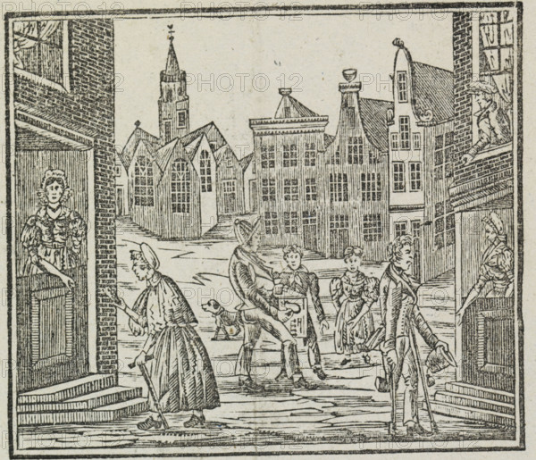 New Year's greeting from the Amsterdam wake-up callers for the year 1849, New Year's greeting, to my Highly Esteemed Benefactors, 1849, print, New Year's greeting from the Amsterdam wake-up callers for the year 1849. View of an Amsterdam square with a church and houses where a man and a woman are collecting money door-to-door. With a verse in two columns., printmaker, printer (person), Amsterdam, paper, letterpress printing, woodcut, text in letterpress with image in woodcut, height 345 mm x width 212 mm, government services, public services, waking up, canals, waters (in city) - II - ideal city, Period, A detailed black and white woodcut scene shows a street framed by tall buildings with stepped roofs and a church tower in the background; people in period clothing occupy the street, including a woman with a walking stick moving down steps, a man bending toward a small box or chest, seated children, and other standing figures with hats and cloaks; a small dog walks beside one figure; w...