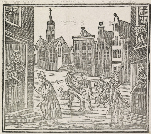 New Year's Greeting of Goodness and Blessing, to my Highly Esteemed Benefactors, 1850, New Year's greeting from the Amsterdam knockers for the year 1850, print, New Year's greeting, New Year's greeting from the Amsterdam knockers (wakers) for the year 1850. View of an Amsterdam square with a church and houses where a man and a woman are collecting money door-to-door. With a verse in two columns., printmaker, printer (person), Amsterdam, paper, letterpress printing, woodcut, text in letterpress with image in woodcut, height 343 mm x width 218 mm, government services, public services, waking up, canals, waters (in city) - II - ideal city, Period, A black and white woodcut scene framed by a border shows a street flanked by tall buildings with detailed brickwork and windows, a church spire rising among steeply pitched roofs in the background, and rows of narrow, gabled facades. Several figures in period clothing occupy the street, including a woman standing at a doorway on the left, anothe...
