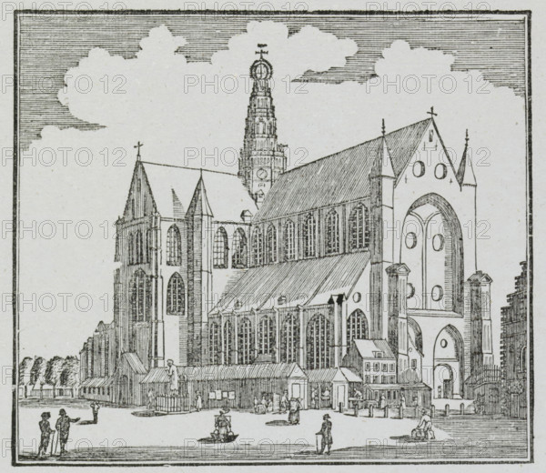 New Year's greeting from the city trumpeters of Haarlem for the year 1841, New Year's Wish, by Your Honor, Servants of the City Trumpeters, 1841, print, New Year's wish, New Year's wish from the Haarlem tower watchmen (city trumpeters) for the year 1841. View of the Grote Markt in Haarlem with a tower watchman on the tower of St. Bavo. With a verse in two columns., printmaker, Haarlem, paper, letterpress printing, woodcut, woodcut with text in letterpress, height 425 mm x width 340 mm, street, church (exterior), tower sentry, St. Bavo Church (Haarlem), Period, A detailed black and white line drawing of a large Gothic-style cathedral with tall pointed arches, steeply pitched roofs, and a multi-tiered ornate tower rising behind the main structure, flanked by smaller spires and buttresses; the facade shows rounded and pointed doorways and circular window openings, while long rows of tall, narrow stained-glass–style windows line the nave; in front of the cathedral are smaller buildings, ma...