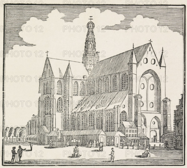 New Year's Greeting, by Your Honor, Servants of the City Trumpeters, 1850, New Year's greeting of the city trumpeters of Haarlem for the year 1850, print, New Year's greeting, New Year's greeting of the Haarlem tower watchmen (city trumpeters) for the year 1850. View of the Grote Markt in Haarlem with a tower watchman on the tower of St. Bavo. With a verse in two columns., printmaker, Haarlem, paper, letterpress printing, woodcut, woodcut with text in letterpress, height 427 mm x width 344 mm, street, church (exterior), tower sentry, St. Bavo Church (Haarlem), Period, A detailed ink drawing of a large Gothic cathedral with tall pointed towers, arched windows, and steeply pitched roofs; a central ornate spire rises above the building, and decorative circular openings appear on one façade; smaller attached buildings and rooflines extend from the main structure, with a fenced area and a statue in front; people in period clothing walk and gather in the open square before the cathedral, and...