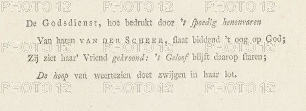 Verse in memory of Adolf Frederik van der Scheer, text sheet, Text sheet with a four-line verse on the occasion of the death of Adolf Frederik van der Scheer, Reformed minister in Amsterdam. Possibly added after his death to the print commemorating his 25th anniversary as a minister., writer (clerical worker): anonymous, 1811, writer (clerical worker), paper, letterpress printing, text in letterpress, height 66 mm x width 151 mm, Person, Adolf Frederik van der Scheer, A photograph of an off-white, slightly textured paper containing four centered lines of printed serif text in a dark gray tone, with some words set in italic or small-caps style, and faint irregular speckles and tiny spots scattered across the paper surface.