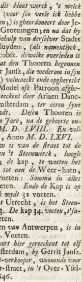 Description and history of the tower of the Oude Kerk in Amsterdam, text sheet, Reproduction of an advertisement from 1646 for a woodcut of the tower of the Oude Kerk by Ariaen Danckerts, published by the bookseller and print seller Gerrit Jansz in Amsterdam., writer (clerical worker): Isaac Le Long, Amsterdam, publisher: Johannes van Septeren (I), 1729, writer (clerical worker), paper, letterpress printing, text in letterpress on recto and verso, pasted-on upper section, height 177 mm x width 66 mm, Part of pages 521 (right column) and 522 (left column) of: Isaak Le Long. Historische beschryvinge van de reformatie der stadt Amsterdam. Amsterdam: Johannes (I) van Septeren, 1729., advertisement, notice, Oude Kerk (Amsterdam), A vertical cropped photograph of an aged printed page showing dense lines of serif text in a historic typeface on yellowed paper with uneven ink; the text appears in narrow columns with varied word spacing and occasional italicized or stylized letters, and the pape...