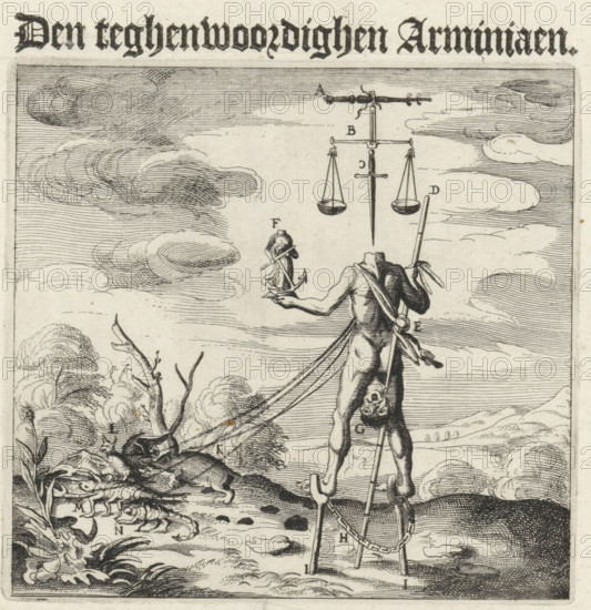 Caricature of the Arminians, The Present Arminian, cartoon, print, Caricature of the Arminians (Remonstrants). A decapitated man walks with his head between his legs, with chained legs on crutches and guided by a scorpion, lobster, bat, and mole. Above the neck are symbols of worldly justice. Printed on the sheet below the plate is a verse and the legend AN in 2 columns in Dutch., printmaker: Claes Jansz. Visscher (II), publisher: Cornelis Willemsz Blaeu-Laken, Amsterdam, writer (clerical worker): David Ronsaeus, 1623, writer (clerical worker), paper, etching, letterpress printing, etching with letterpress text, height 346 mm x width 283 mm, landscapes, violent death, being killed, being mishandled and maltreated, seeking death, A detailed black and white engraving shows a headless male figure standing on stilts with a staff across his back and a chain draped between the stilts, his head held upside down near his waist; above him a set of scales hangs suspended from a horizontal rod wi...