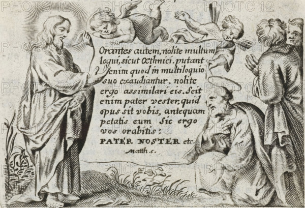 Christ teaching the disciples, print, prayer card, Christ stands in a landscape and makes a speaking gesture. On the right, two disciples listening to him. In the center, two angels hold a cloth with a Latin Bible verse from Matt. 6. On the verso, a prayer card for Maria Calff, who died in Zwaluwe in 1835., printmaker: Cornelis Galle (II), Antwerp, publisher: Henri Leys (baron), 1638 - 1678, 1835, paper, engraving, letterpress printing, engraving with text in letterpress on the verso, height 65 mm x width 88 mm, Christ preaching in the open, A monochrome engraving shows a robed standing figure with long hair and a beard, a radiant halo around the head, gesturing with one hand toward kneeling figures on the right; two cherubic winged children hover above, one leaning on a scroll and the other reaching toward the kneeling group; an elderly kneeling man with a beard and a faint halo clasps his chest while two standing figures behind him hold hands together in a prayerful pose; drapery fol...