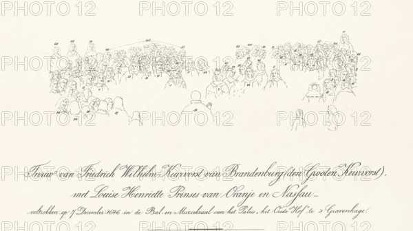 Marriage of Frederick William Elector of Brandenburg (the Great Elector), with Louise Henriette Princess of Orange and Nassau - solemnized on 7 December 1646 in the Ballroom and Music Hall of the Palace 'Het Oude Hof' in The Hague, Marriage of Princess Louise Henriëtte with Frederick William, Elector of Brandenburg, 1646, reproduction, historical object representation, The marriage of Princess Louise Henriëtte, Princess of Orange with Frederick William, on 7 December 1646 in the Palace Het Oude Hof (Paleis Noordeinde) in The Hague. Sketch with legend 1-71 of the persons depicted in the painting of the wedding by Jan Mijtens. This reproduction is accompanied by a photograph of the painting., printmaker, after painting by, Netherlands, paper, collotype, photogravure, height 575 mm x width 384 mm, The painting is in the collection of the Musée des Beaux-Arts de Rennes, Rennes. Mentioned at the bottom: Compiled in February 1903 at the House Archives and Library of Her Majesty the Queen, Pe...