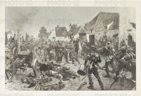 First meeting of Dutch and Prussian troops after the Battle of Waterloo near 'Maison du Roi', Painting of the meeting of Dutch and Prussian troops after the Battle of Waterloo, 1815, reproduction, Reproduction of the painting by Hoynck van Papendrecht depicting the meeting of Dutch and Prussian troops after the Battle of Waterloo, in the hamlet 'Maison du Roi', on June 18, 1815. On the right are the Dutch soldiers of Battalion 19 of the National Militia. The two armies meet between the houses of the village. See the accompanying key., maker: Topografische Inrichting, Netherlands, after painting by Jan Hoynck van Papendrecht, 1903-04, paper, collotype, photogravure, height 348 mm x width 545 mm, victor (after the battle), Battle of Waterloo, Waterloo, Period, 1815-06-18, A wide monochrome scene showing a chaotic street filled with soldiers, debris, and bodies. In the foreground several fallen figures lie on the ground near broken wheels and scattered equipment, while marching drummers a...