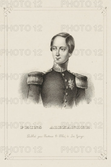 Portrait of Alexander I, Prince of the Netherlands, print, Portrait of Alexander I in an ornamented rectangle. In the lower margin his name and title., Netherlands, publisher: Soetens & Fils, The Hague, c. 1837 - c. 1840, printmaker, paper, lithography, height 215 mm x width 152 mm, The title mentioned here refers to the highest title obtained by the sitter, not necessarily to the title the sitter bears in this image., Person, Alexander (Prince of the Netherlands, Prince of Orange-Nassau), A monochrome lithographic portrait of a young man shown from the chest up wearing a dark military uniform with decorative epaulettes and a high collar, his hair short and neatly parted, his face turned slightly to one side with a neutral expression, a star-shaped medal on his chest, the figure centered on a light textured background framed by a thin decorative border with ornamental corner flourishes.