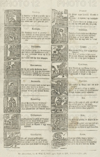 Three Kings' cards, card game, print, popular print, Sheet with 16 depictions (Three Kings' cards) of various functions within the court, including a counselor, a taster, and a doorman. To the right of each image a four-line verse., publisher: widow C. Kok née Van Kolm, Amsterdam, Netherlands, 1842 - 1866, printmaker, paper, woodcut, letterpress printing, woodcut and text in letterpress, height 339 mm x width 202 mm, royal household, courtiers, retinue, train, Twelfth Night, usually falling on the eve of January 6, Epiphany, The image shows a vertically oriented sheet divided into two columns of rectangular panels, each panel containing a small woodcut-style illustration of a single human figure engaged in various actions, with blocks of printed text adjacent to each illustration; the left column panels show figures in seated or standing poses inside simple interior settings with draped fabrics, furniture, or windows, while the right column panels show figures in motion or carrying obj...