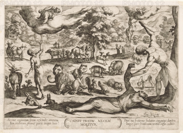 Cain kills Abel, Cainus fratri necem molitur, Old Testament battle scenes, print, Series number, 1, 24, Cain kills his brother Abel with a donkey's jawbone in a landscape full of wild animals. In the background on the right, Cain and Abel both make an offering to God. In the foreground on the left, Cain is banished by God. In the background on the left, Cain receives his mark. Title and caption in Latin in the bottom margin. Numbered lower right: 1., printmaker: Antonio Tempesta, Italy, 1613, Antonio Tempesta, printmaker, paper, etching, intaglio printmaking technique, etching with plate tone, height 204 mm x width 288 mm, Series of 24 prints (title print) with Old Testament battle scenes., the sacrifice of Cain and Abel: Abel offers a lamb, Cain usually a sheaf of corn, Abel's death, the curse of Cain, the story of Cain and Abel (Genesis 4:3-17), God puts a mark on Cain, A wide monochrome engraving shows a pastoral landscape populated by many animals and human figures. In the foregrou...