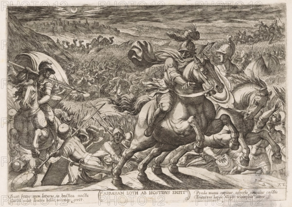 Lot liberated by Abraham, Abraham Loth ab hostibus eripit, Old Testament battle scenes, print, Series number, 2, 24, Abraham and the homegrown army of 318 persons in battle with Kedorlaomer and his allies to liberate Lot. Title and caption in Latin in the lower margin. Numbered lower right: 2., printmaker: Antonio Tempesta, Italy, 1613, paper, etching, intaglio printmaking technique, etching with plate tone, height 203 mm x width 287 mm, Series of 24 prints (title print) with Old Testament battle scenes., Abraham liberates Lot, recovers the stolen goods and returns in triumph, A densely detailed black-and-white engraving of a chaotic battle scene showing armored horsemen and foot soldiers amid clashing spears and shields, with a central mounted figure wearing a plumed helmet and swirling cloak leaning forward on a rearing horse, another rider at left thrusting a spear from beneath a large curved shield, fallen and struggling figures on the ground, a panicked horse with wide eyes and fl...