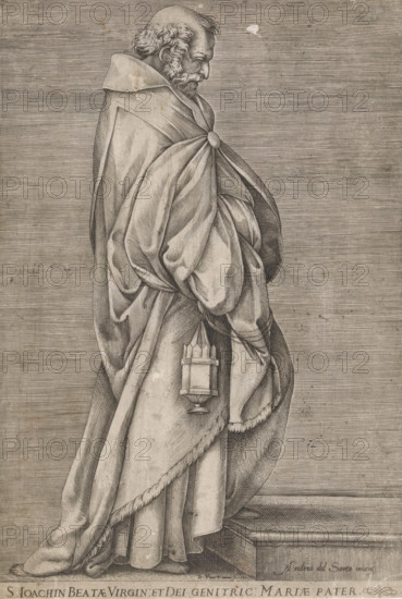High Priest Zacharias, Saint Joachim, print, The High Priest Zacharias with censer. The birth of John the Baptist was foretold to Zacharias by the Archangel Gabriel. The angel appeared to Zacharias at the moment he was offering incense in the temple. In the lower margin, the figure is incorrectly identified as Saint Joachim, the father of Mary., printmaker: Domenico Vito, Italy, after painting by Andrea del Sarto, 1580, paper, engraving, intaglio printmaking technique, engraving with plate tone, height 277 mm x width 187 mm, Print after the figure of Zacharias in a fresco by Andrea del Sarto in the Chiostro dello Scalzo in Florence., the father of Mary, Joachim, possible attributes: book, two doves, lamb, (shepherd's) staff, annunciation of the birth of John the Baptist to Zacharias: while he is offering incense in the temple an angel (Gabriel) appears to him, A grayscale engraved image of an elderly man in profile facing right, wearing a voluminous hooded cloak with deep folds and a c...
