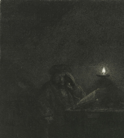 Student at a Table by the Light of an Oil Lamp, Student at a table by candlelight, print, signature: 'Rembrandt', printmaker: Rembrandt van Rijn, c. 1642, paper, etching, height 146 mm x width 133 mm, A dark, grainy scene with a textured background and a small bright flame on the right above a shallow dish, and a dimly visible figure seated near the flame holding an open book.