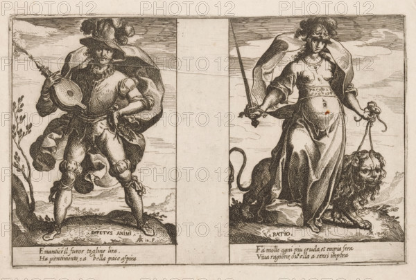 Impetuosity and Reason, Attributes of the Soul, print, Two representations of personifications. Left: Impetuosity (Impetus Animi) as a man with a feathered hat and a bellows. Right: Reason (Ratio) as a woman with a sword and a lion. Both representations with two lines of Italian verse in the lower margin., printmaker: Raffaello Schiaminossi, Italy, c. 1605, paper, etching, intaglio printmaking technique, etching with plate tone, height 155 mm x width 243 mm, This print is part of the series 'Attributi dell'Anima', consisting of twelve personifications printed from six plates., beasts of prey, predatory animals: lion, Rationality, Reasoning, 'Ratiocinatione o Discorso' (Ripa), bellows, A sepia-toned engraving split vertically into two panels shows on the left a man in a plumed hat and flowing cloak standing with legs apart on uneven ground, one hand on his hip and the other holding a stringed lute-like instrument; he wears puffed sleeves, a doublet, and boots with decorative folds, and ...