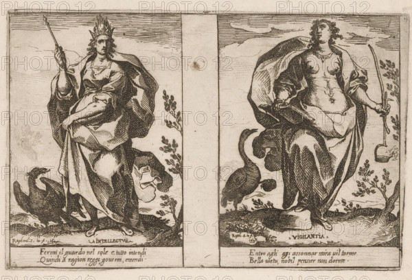 Intellect and Vigilance, Attributes of the Soul, print, Two representations of personifications. Left: Intellect (Intellectus) as a woman with a scepter and a burning crown. At her feet an eagle. Right: Vigilance (Vigilantia) as a woman with a book and an oil lamp. At her feet a crane, standing on one leg and holding a stone in its raised claw. Both representations with two lines of Italian verse in the lower margin., printmaker: Raffaello Schiaminossi, Italy, c. 1605, paper, etching, intaglio printmaking technique, etching with plate tone, height 155 mm x width 240 mm, This print is part of the series 'Attributi dell'Anima', consisting of twelve personifications printed from six plates., shore-birds and wading-birds: crane, predatory birds: eagle, oil-lamp, Alertness, Vigilance, 'Guardia', 'Vigilanza', 'Vigilanza per difendersi & oppugnare altri' (Ripa) (personification), 'Intellectus', 'Intelligentia', Understanding, one of the seven gifts of the Holy Ghost, A monochrome print divide...