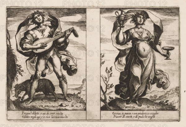 Sanguine Man and Happiness, Attributes of the Soul, Attributi dell'Anima, print, Two representations of personifications. Left: the Sanguine Man (Vir Sanguineus) as a young man with a lute. At his feet a ram, eating a plant. Right: Happiness (Laetitia) as a woman with a jug and drinking bowl. Both representations with two lines of Italian verse in the lower margin., printmaker: Raffaello Schiaminossi, Italy, after design by Raffaello Schiaminossi, c. 1605, Raffaello Schiaminossi, printmaker, paper, etching, intaglio printmaking technique, etching with plate tone, height 151 mm x width 228 mm, This print is part of the series 'Attributi dell'Anima', consisting of twelve personifications printed from six plates., lute, and special forms of lute, eg: theorbo - CC - out of doors, ram, Pleasure, Enjoyment, Joy, 'Allegrezza', 'Allegrezza da le medaglie', 'Allegrezza, letitia e giubilo', 'Diletto', 'Piacere', 'Piacere honesto' (Ripa), 'Sanguigno (per l'aria)' (Ripa), Two vertical panels side ...