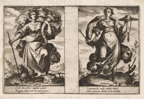 Honor and Liberty, Attributi dell'Anima, Attributes of the Soul, print, Two representations of personifications. Left: Honor (Honor) as a woman with the horn of plenty (cornucopia). Right: Liberty (Libertas) as a woman with a hat and a scepter. Both representations with two lines of Italian verse in the lower margin., printmaker: Raffaello Schiaminossi, Italy, after design by Raffaello Schiaminossi, c. 1605, Raffaello Schiaminossi, printmaker, paper, etching, intaglio printmaking technique, etching with plate tone, height 151 mm x width 235 mm, This print is part of the series 'Attributi dell'Anima', consisting of twelve personifications printed from six plates., Honour, Glory, 'Ampiezza della Gloria', 'Gloria', 'Gloria de prencipi', 'Gloria & Honore', 'Honore', 'Sublimatà della Gloria' (Ripa), 'Cornucopia', Horn of Plenty, Freedom, Liberty, 'Libertà' (Ripa), The image shows two vertical panels side by side, each depicting a standing female figure in flowing drapery against a lightly l...