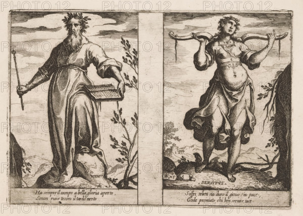 Merit and Servitude, Attributes of the Soul, print, Two representations of personifications. Left: Merit (Meritum) as a bearded man with a scepter and a book. Right: Servitude (Servitus) as a woman with a yoke on her shoulders. Both depictions with two lines of Italian verse in the lower margin., printmaker: Raffaello Schiaminossi, Italy, 1605, paper, etching, intaglio printmaking technique, etching with plate tone, height 155 mm x width 223 mm, This print is part of the series 'Attributi dell'Anima', consisting of twelve personifications printed from six plates., city-view, and landscape with man-made constructions, yoke, Merit, 'Merito' (Ripa) (personification), A sepia-toned engraving divided vertically into two panels shows two full-length figures standing on rocky ground with sparse vegetation. The left figure is an older bearded man wearing flowing robes and a wreath on his head, holding a staff in one hand and a rectangular object resembling a book in the other, with draped fabr...