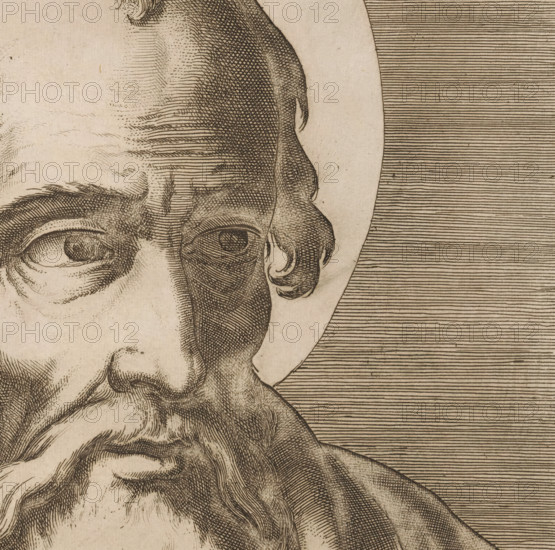 S. Matthaeus, Saint Matthew, Il sacrato collegio apostolico, Christ, Mary and the twelve apostles, print, Saint Matthew with a purse in his hand. Around his head a circular halo. Title in lower margin., printmaker: Raffaello Schiaminossi, Italy, 1606 - 1607, paper, etching, intaglio printmaking technique, etching with plate tone, height 503 mm x width 374 mm, This print is part of a series consisting of a title print and fourteen prints depicting Christ, Mary, and the twelve apostles., the apostle and evangelist Matthew (Mattheus), possible attributes: angel, axe, book, halberd, pen and inkhorn, purse, scroll, square, sword, A detailed black and white etched close-up of an older man’s face showing part of one eye, a curled strand of hair near the ear, a high forehead with fine crosshatching lines, a prominent nose, deep-set wrinkles around the mouth and cheek, and a long textured beard, all rendered with parallel and crosshatched strokes against a background of closely spaced horizonta...