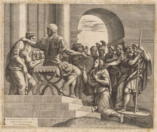 The Continence of Scipio, print, Scipio the Elder returns a captured virgin to her betrothed who kneels before him. Latin text in a cartouche lower left., printmaker: Diana Scultori, Italy, after painting by Giulio Romano, c. 1557 - c. 1612, paper, engraving, intaglio printmaking technique, engraving with plate tone, height 210 mm x width 254 mm, the continence of Scipio: he restores a captive woman to her bridegroom Allucius, who kneels before him, the ransom offered by the bride's parents is given to Allucius as a wedding-gift, A detailed monochrome engraving shows a group of robed and armored figures on stone steps and a platform beneath an archway, with a central armored man standing by a chariot wheel and reaching an arm toward a woman who leans forward with a hand on her chest; soldiers in helmets and plumed crests stand behind them, a kneeling figure with flowing hair gestures upward toward the central man, and to the right a bearded man holds a long staff while others in draped...